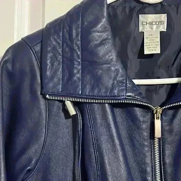 Chico’s genuine leather jacket coat blue leather soft size 0 small/medium - Picture 3 of 11